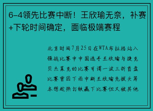 6-4领先比赛中断！王欣瑜无奈，补赛+下轮时间确定，面临极端赛程